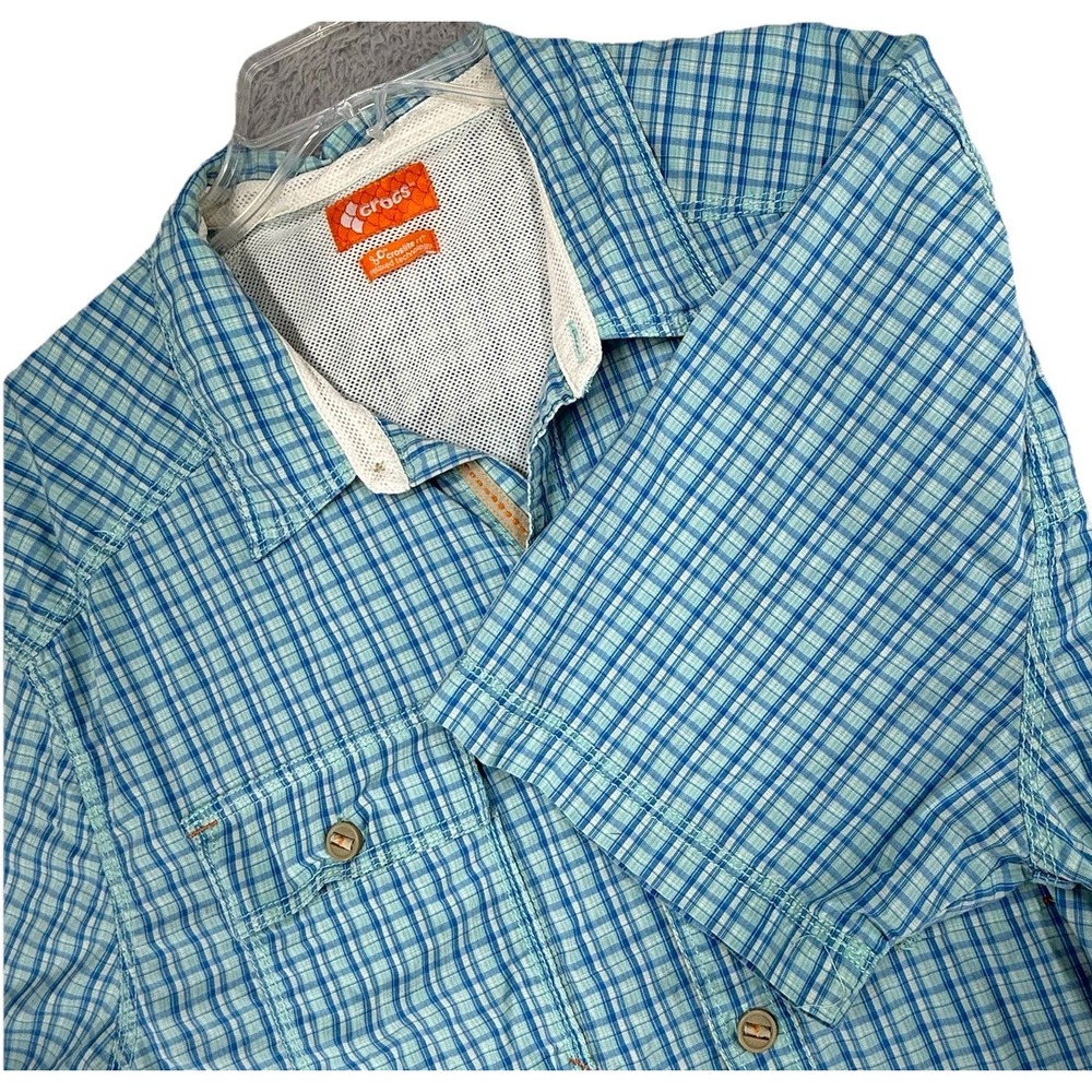 Crocs Croslite Shirt Mens Relaxed Fit Blue Bahama Plaid Vented‎ Breathable